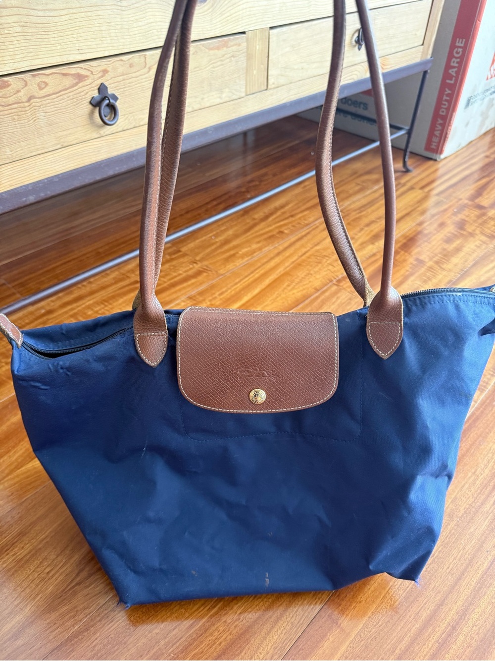 Longchamp Navy and Brown Nylon Le Pliage Tote
